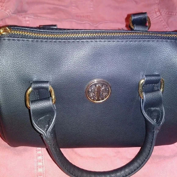 black faux leather handbag cylinder women gold purse bag minimalist small - Picture 3 of 3